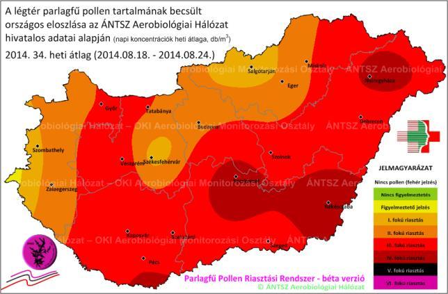 Éves különbségek (2014 / 2015) a légtéri parlagfű pollen országos eloszlásának heti változásában 34-36. 2015-ben A jellemzően már 34.