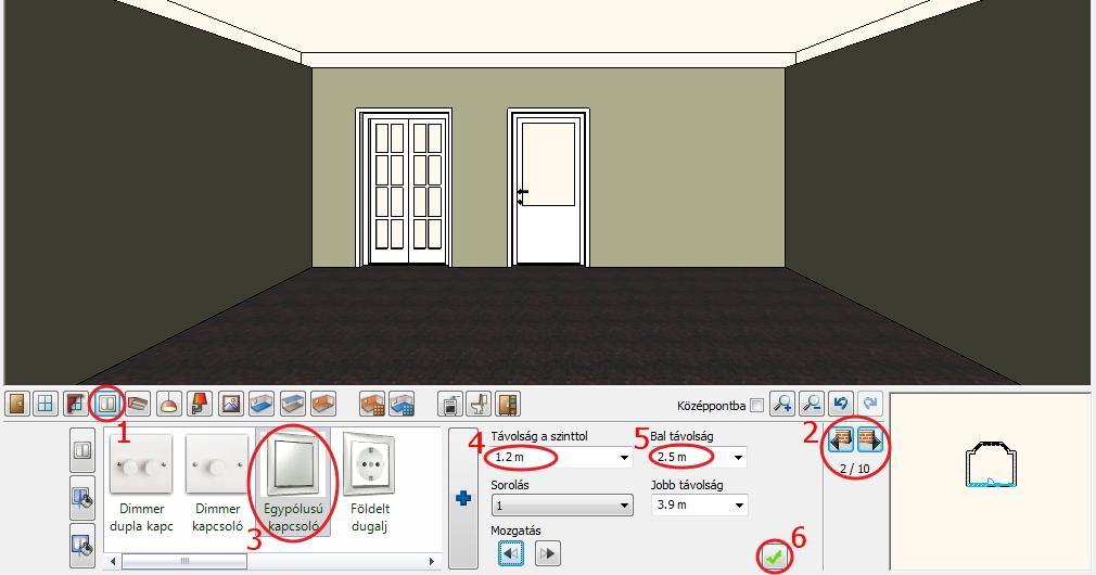 1. Lecke: Nappali tervezés 15 1.4.6. Kapcsolók és Dugaljak Helyezzen el egy Villanykapcsolót és egy Dugaljat a 6.4m hosszú falon. Kattintson az Eszköztár Elektromos kapcsoló ikonjára. (1).