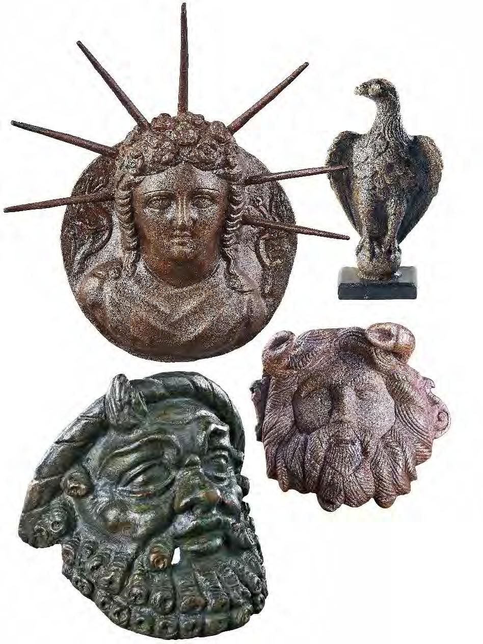 : 10 cm SZIKM Székesfehérvár, 75.16.1. V.86 Szatüroszt ábrázoló bronzmaszk Kisvárda H.: 14,2 cm; Sz.: 14 cm MNM Budapest, RR 51/1907.1. V.88 A végtelen tenger istenét (Oceanus) ábrázoló kocsiveret Öskü-Bántapuszta (2008) H.