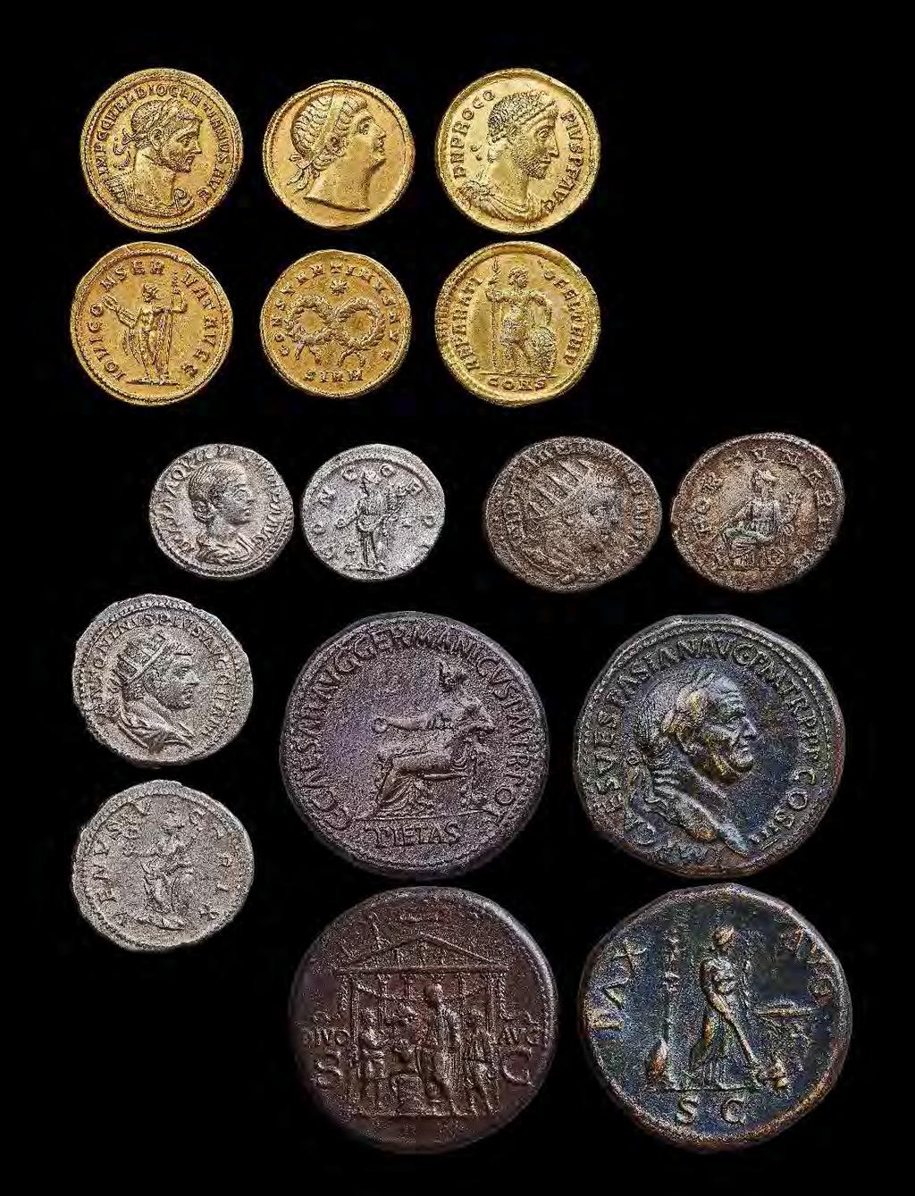 RÓMAIAK 55 V.157, balra Diocletianus arany aureus Róma (285 294) Átm.: 22 mm; 5,4 g MNM Budapest, R.IV.39. V.160, középen Nagy Constantinus arany solidus Sirmium (325 326) Átm.
