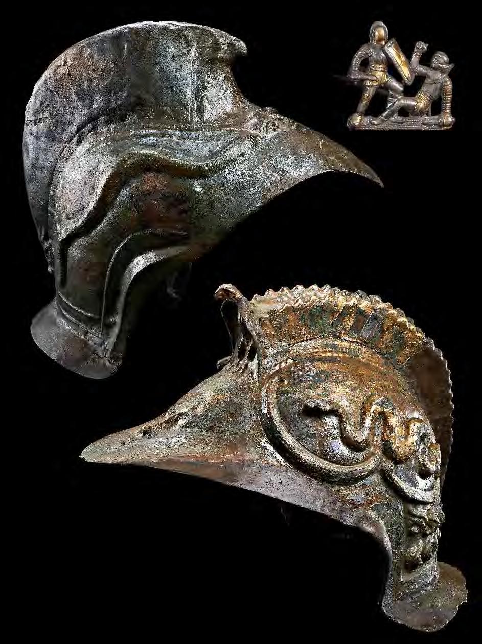 16 RÓMAIAK V.31 Gladiátoros díszfibula Aquincum, katonaváros Aranyozott ezüst, öntött H.: 3,3 cm AQM Budapest, R 2403/b. V.28 Csont bicskanyelek, Pardus (murmillo) és Senilis (thraex) gladiátorok ábrázolásával 2.