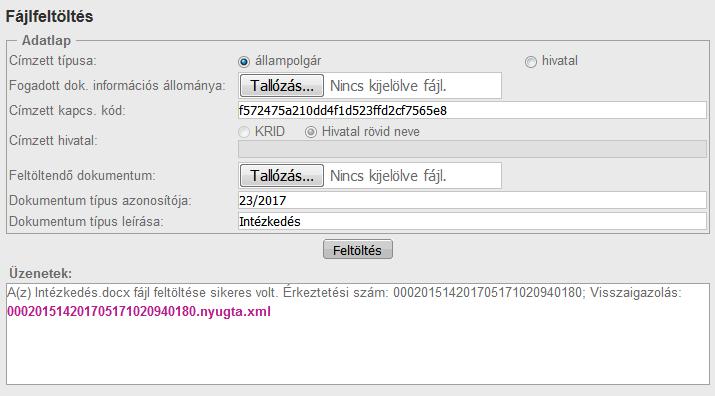 A Feltöltés gombra kattintva elindul a kiválasztott dokumentum feltöltése a címzett részére.