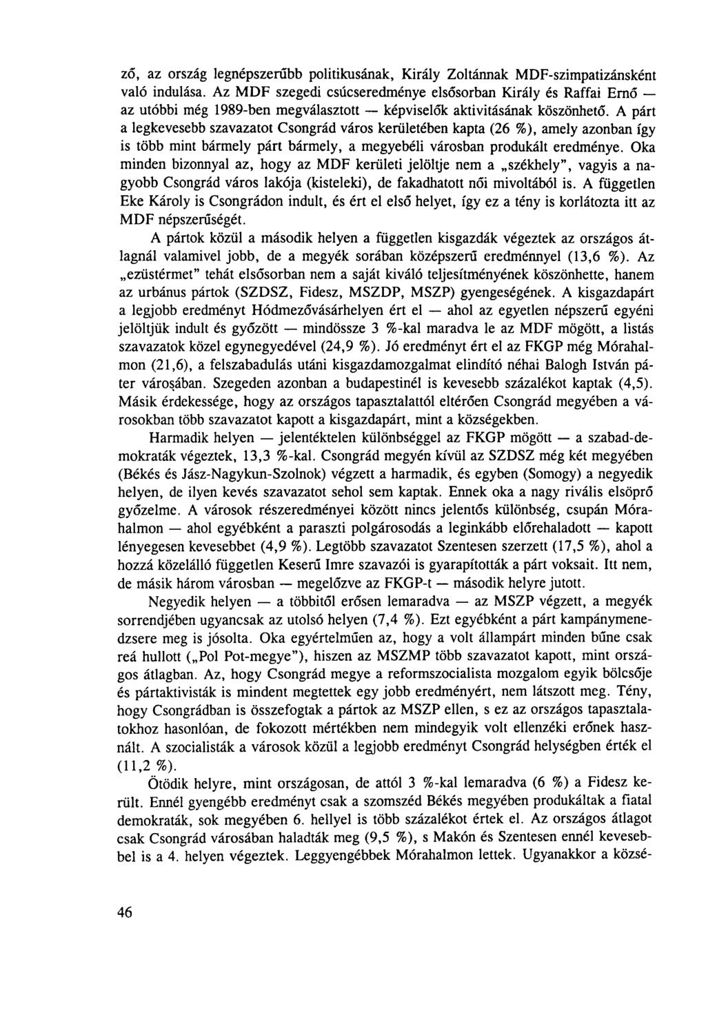 ző, az ország legnépszerűbb politikusának, Király Zoltánnak MDF-szimpatizánsként való indulása.