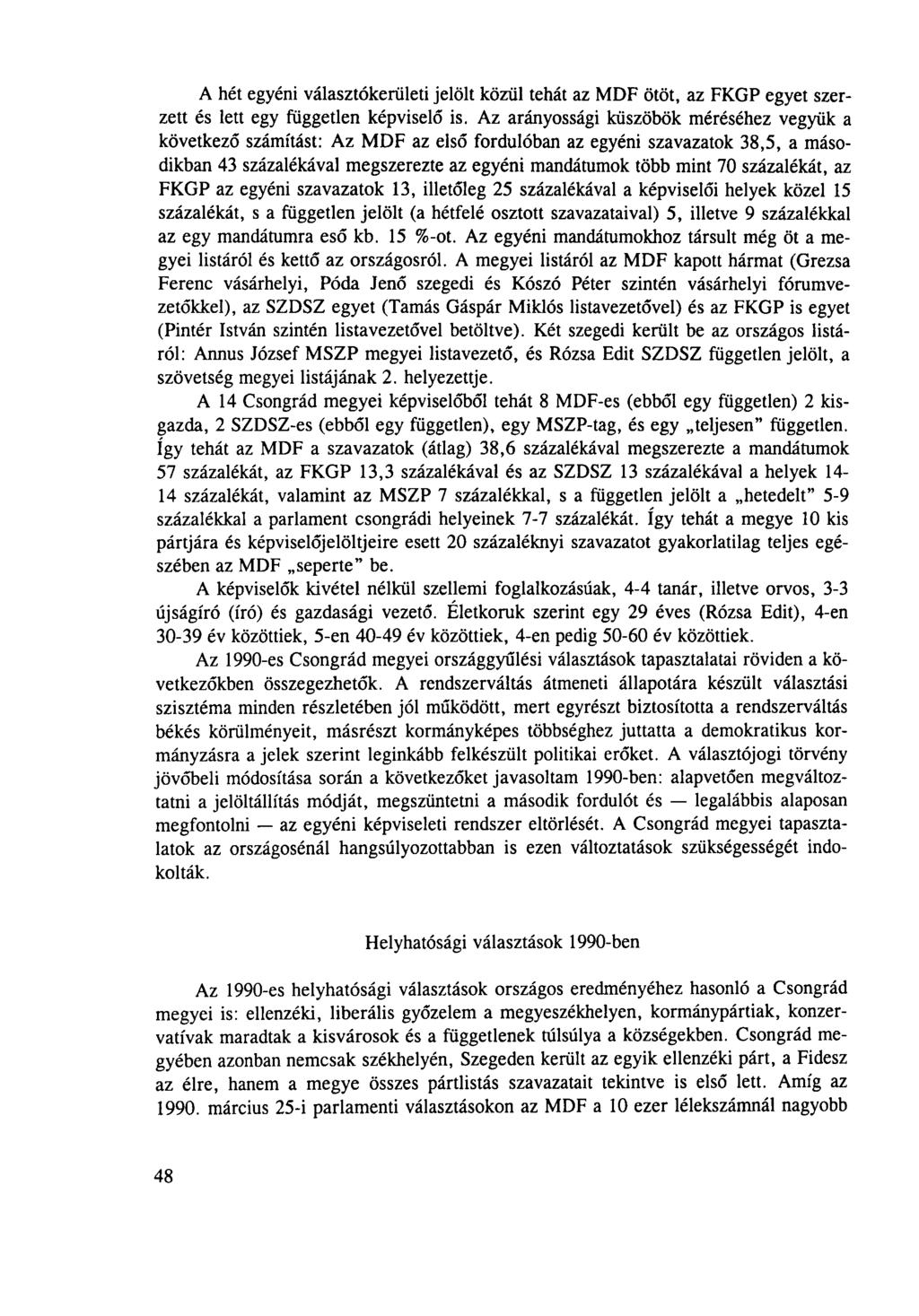 A hét egyéni választókerületi jelölt közül tehát az MDF ötöt, az FKGP egyet szerzett és lett egy független képviselő is.