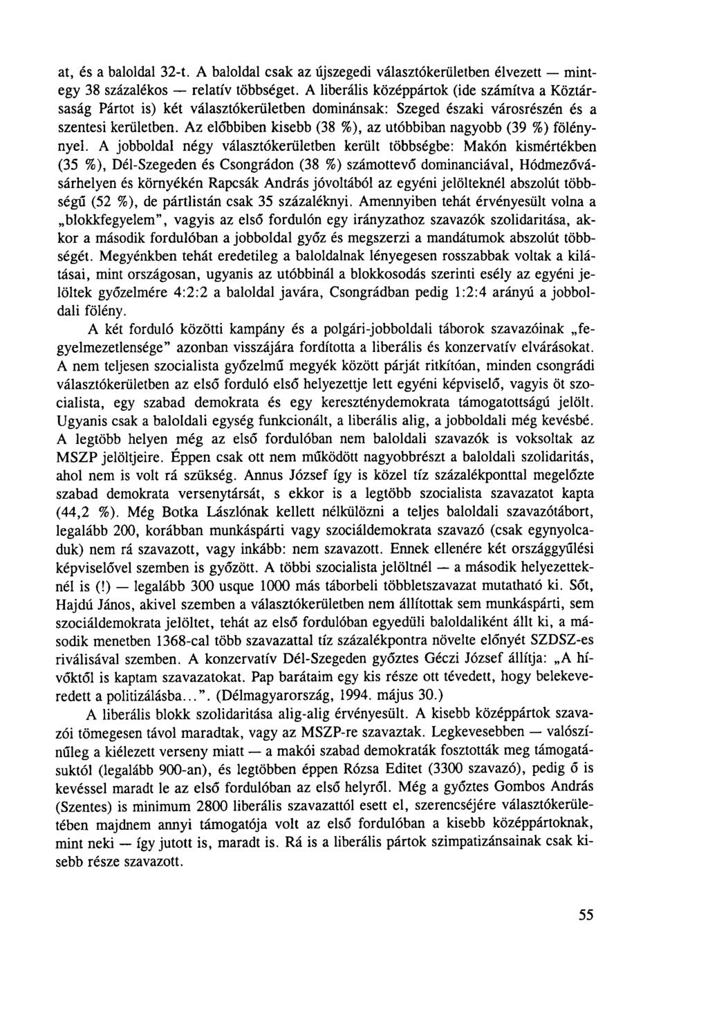 at, és a baloldal 32-t. A baloldal csak az új szegedi választókerületben élvezett mintegy 38 százalékos relatív többséget.
