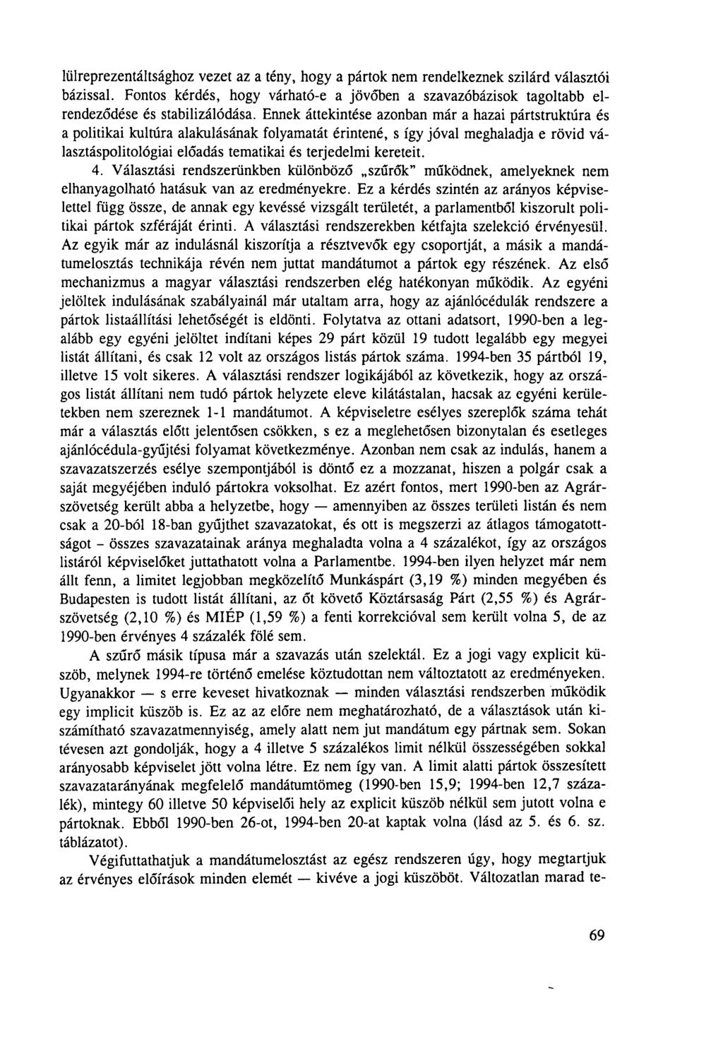 lülreprezentáltsághoz vezet az a tény, hogy a pártok nem rendelkeznek szilárd választói bázissal. Fontos kérdés, hogy várható-e a jövőben a szavazóbázisok tagoltabb elrendeződése és stabilizálódása.
