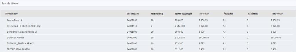 17. ábra Számla tételei 5 Szállítói tanúsítvány importálása A menüre kattintva egy letöltő ablak fog megjelenni, ahol a tanúsítvány mentését kell kezdeményezni, majd kiválasztani a