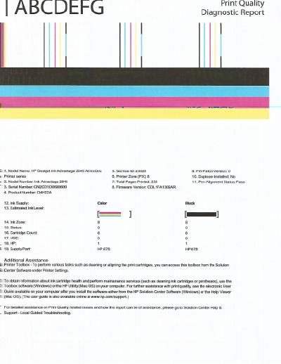 d. Diagnosztikai oldal nyomtatásához kattintson az Eszközjelentések lap Diagnosztikai információk nyomtatása elemére. Ellenőrizze a kék, a bíbor, a sárga és a fekete mezőket a diagnosztikai lapon.