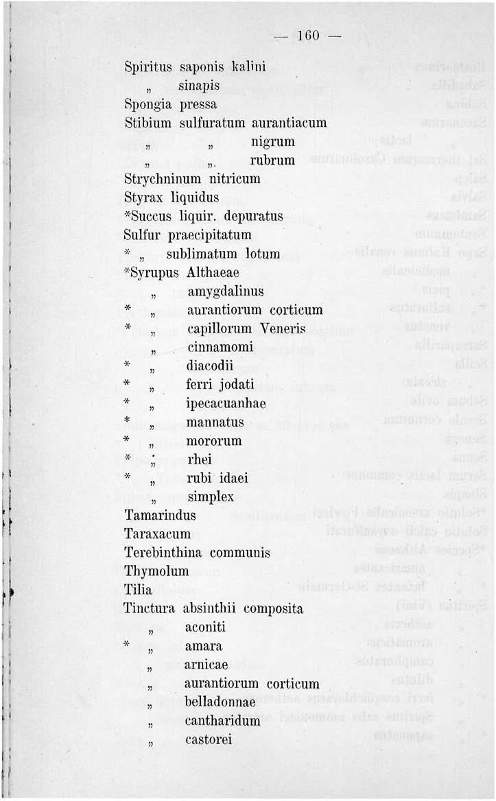 160 Spiritus saponis káli ni sinapis Spongia pressa Stibium sulfuratum aurantiacum nigrum. rubrum Strychninum nitricum Styrax liquidus *Succus liquir.