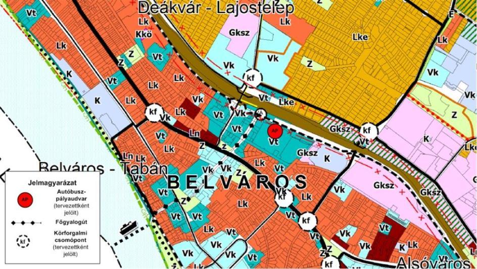 170. ábra: A TSZT a vasútállomás mellé, a volt Senior tömb területén jelöli ki az áthelyezendő autóbuszállomást (Forrás: Vác TSZT, Területfelhasználási és településszerkezeti terve,