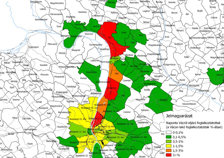 34. ábra: Naponta Vácról eljáró foglalkoztatottak (a Vácon lakó foglalkoztatottak %-ában) Az iskolába járás terén hasonlóak a mintázatok, de az arányok mások, erősebb a területi koncentráció.