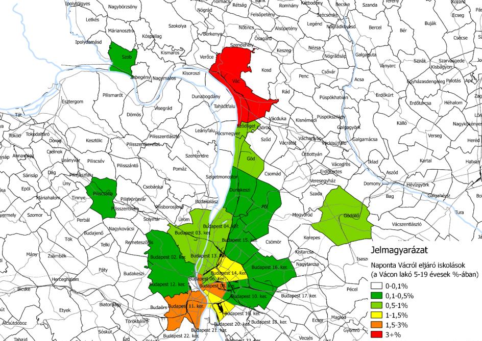 35. ábra: Naponta Vácról eljáró iskolások (a Vácon lakó 5-19 évesek %-ában) 2.1.6.