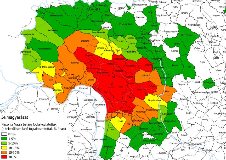 37. ábra: Naponta Vácra bejáró foglalkoztatottak (a településen lakó foglalkoztatottak %-ában) 2.1.6.
