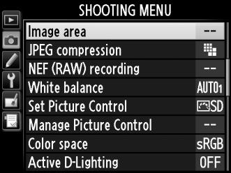 A képterület beállítható a fényképezés menü Image area (Képterület) menüpontjában, vagy egy vezérlő megnyomásával és a vezérlőtárcsa elforgatásával.