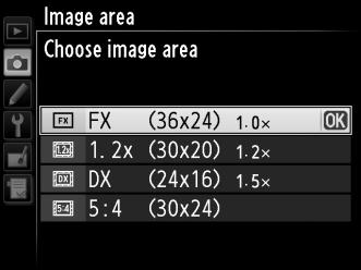 A G gomb fényképezés menüben jelölje ki az Image area (Képterület) elemet (0 268), és nyomja meg a 2 gombot. d 2 Válasszon ki egy beállítást.