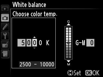 a segédtárcsa használatával. A fehéregyensúly menü Adja meg a borostyán-kék és a zöld-bíborvörös tengely értékeit (0 149). 1 Válassza a Choose color temp. (Színhõmérséklet választása) lehetőséget.
