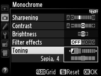 A Toning (Tónus) (csak monokróm esetén) Ha a Toning (Tónus) beállítás kiválasztásakor megnyomja a 3 gombot, megjelennek a színtelítettségi beállítások.