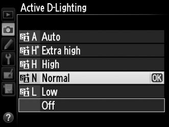 Az Aktív D-Lighting használatához: 1 Válassza a fényképezés menü Active D-Lighting (Aktív D-Lighting) lehetőségét. A menük megjelenítéséhez nyomja meg a G gombot.
