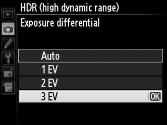 J 178 3 Válasszon expozíciós kiegyenlítést. A két felvétel expozíciós különbségének megadásához jelölje ki az Exposure differential (Expozíciós kiegyenlítés) lehetőséget, és nyomja le a 2 gombot.