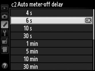 c2: Auto Meter-off Delay (Fénymérés automatikus kikapcsolásának késleltetése) G gomb A Egyéni beállítások menü Kiválaszthatja,