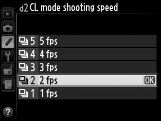 d2: CL Mode Shooting Speed (CL mód fényképezés sebessége) G gomb A Egyéni beállítások menü Válassza ki a képtovábbítás maximális sebességét CL (lassú sorozatfelvétel) módban (0 104; időzített