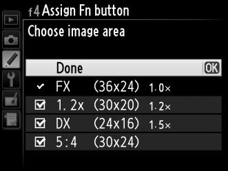 Fn button + command dials (Fn gomb + vezérlőtárcsák) Az Fn button + command dials (Fn gomb + vezérlőtárcsák) az alábbi beállításokat jeleníti meg: U i $ v w y Beállítás Choose image area (Képterület