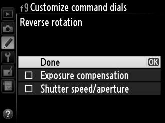 f9: Customize Command Dials (Vezérlőtárcsák személyre szabása) G gomb A Egyéni beállítások menü Ennek a funkciónak a segítségével vezérelheti a fő- és a segédtárcsa működését.