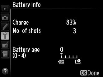 Battery Info (Akkumulátor adatai) G gomb B beállítás menü Megjeleníti a fényképezőgépben levő akkumulátor adatait.