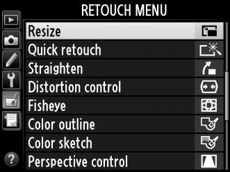 Resize (Átméretezés) G gomb N retusálás menü Készítsen kis másolatokat a kiválasztott fényképekről. 1 Válassza a Resize (Átméretezés) lehetőséget.