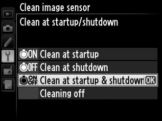Clean at Startup/Shutdown ( Tisztítás bekapcsoláskor/kikapcsoláskor ) Az alábbi lehetőségek közül választhat: Beállítás Leírás Clean at startup (Tisztítás A fényképezőgép minden bekapcsolásakor 5