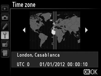 5 Állítsa be az időzónát. Válassza ki a Time zone (Időzóna) elemet és nyomja meg a 2 gombot.