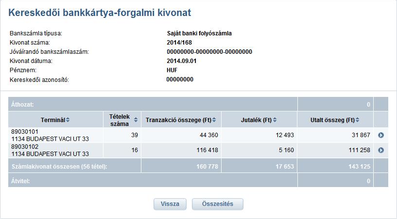 A "Vissza" gombbal bármikor visszatérhet a lekérdezett értesítők listájához. 7. Napi teljesített tranzakciók A napi teljesített tranzakciók listáját kérheti le ebben a funkcióban.