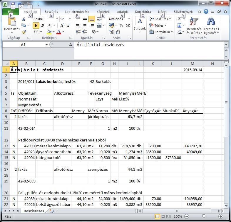 Árajánlat részletes Excel