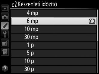 c2: Készenléti időzítő G gomb A Egyéni beállítások menü Kiválaszthatja, hogy a fényképezőgép mennyi ideig folytassa a fénymérést, amikor semmilyen műveletet nem hajt végre.