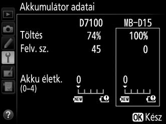 Felhívjuk figyelmét, hogy a fényképezőgép időnként kioldja a zárat fénykép készítése nélkül, például a fehéregyensúly felhasználói beállításakor. Az akkumulátor életkorát ötfokozatú skála jelzi.