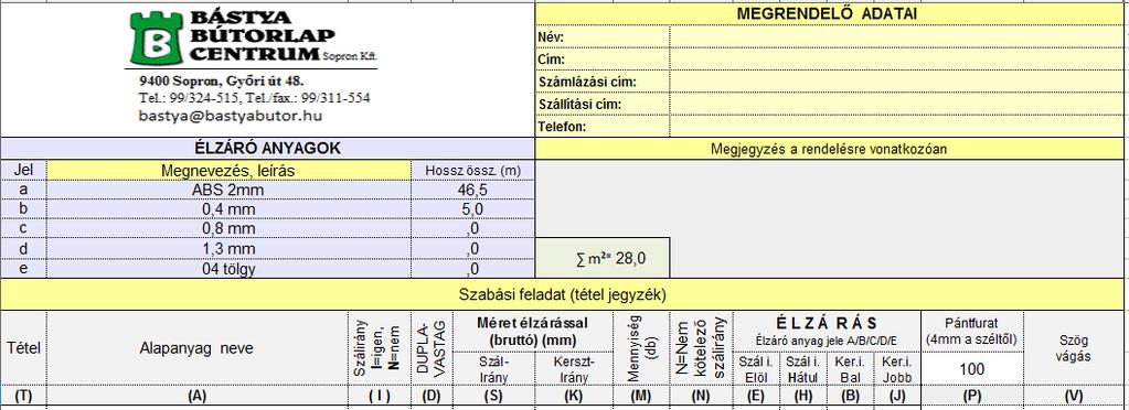 Kiöltési útmutató szabászati megrendelőhöz Megrendelő adatainak kitöltésénél kötelező megadni a nevet, címet, telefonszámot.