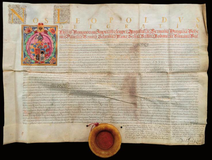7. kép Georg Grundel címereslevele, 1680. ŠABB, PBB írást jelentetett meg, amelyben köszöntötte a bányaváros vezetőit, köztük a két Kraudyt is, mint a külső tanács tagjait.