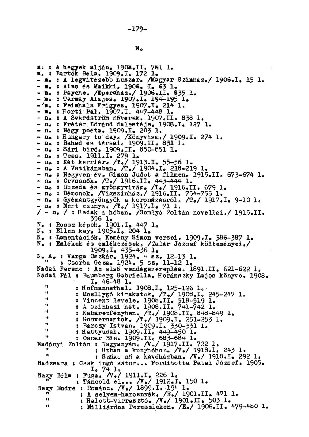 -179- N. a. í A hegyek aljája. 1908.II. 761 1. a. 8 Bartók Béla. 1909.1. 172 1. - a. : A legvitézebb huszár. /agyar Sziaház./ 1906.1. 15 1. - a. : Aiae és aikki. 1906, I«63 1. - a. s Psyche.