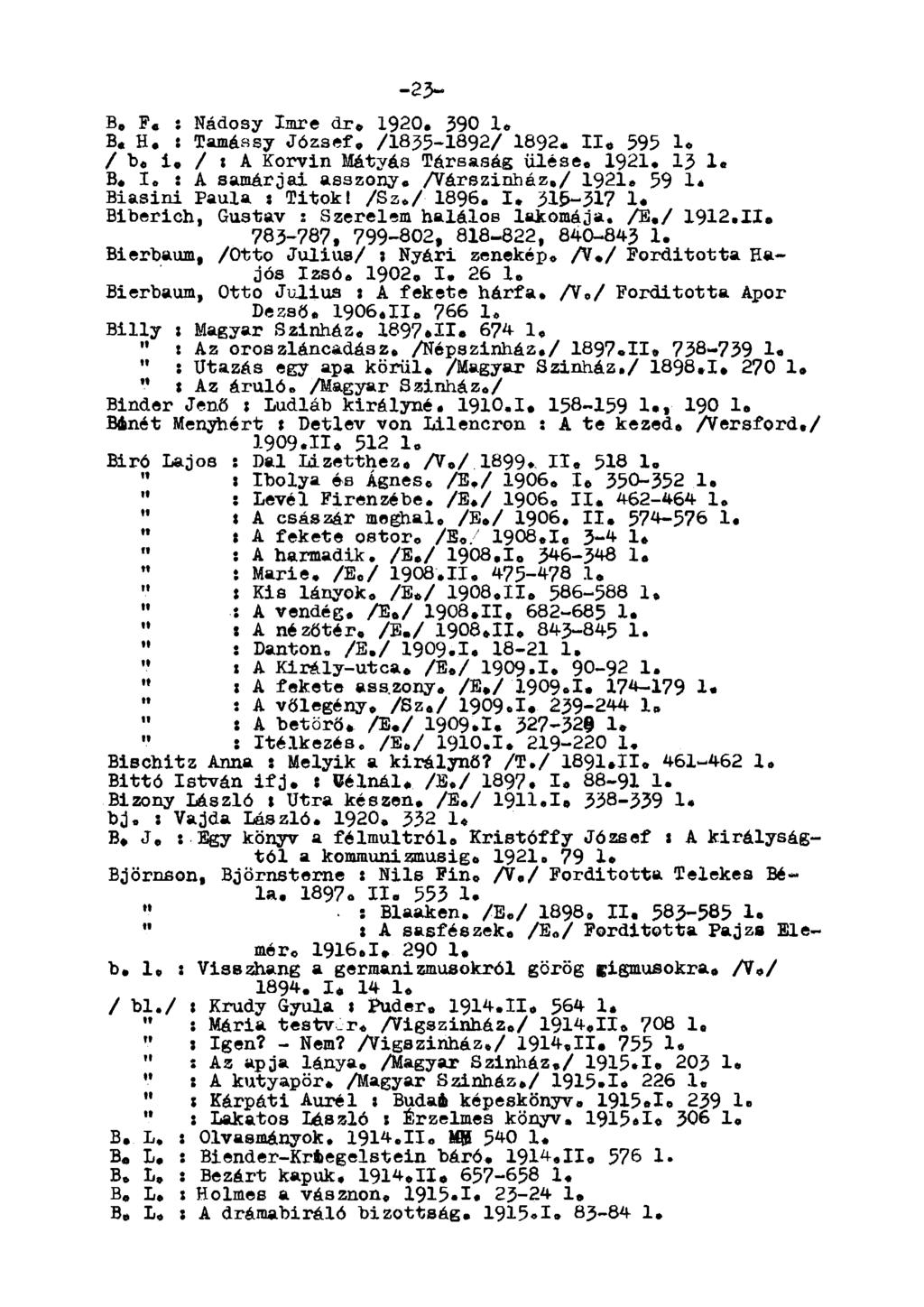 -23- B, F. : Nádosy Imre dr, 1920. 390 1. B. H. : Tamáasy József. /I835-I892/ 1892. II. 595 1. / b, i, / i A Korvin átyás Társaság ülése. 1921. 13 1. B. I. : A samárjai asszony. /Várszinhéz,/ 1921.