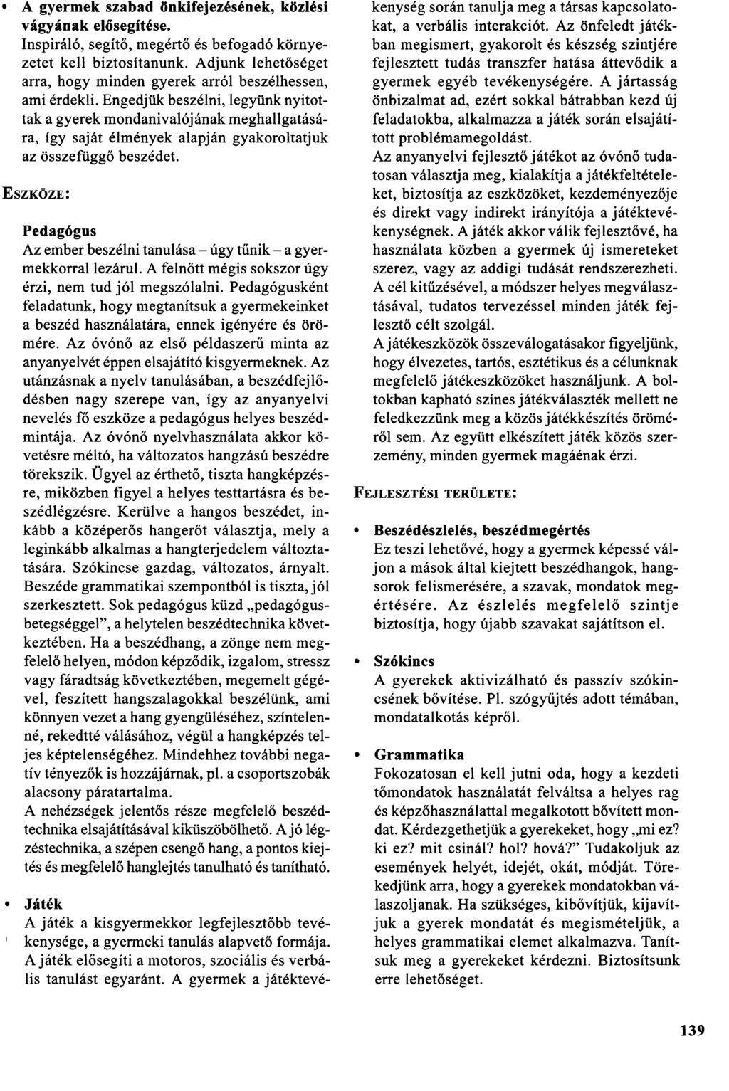 A gyermek szabad önkifejezésének, közlési vágyának elősegítése. Inspiráló, segítő, megértő és befogadó környezetet kell biztosítanunk.