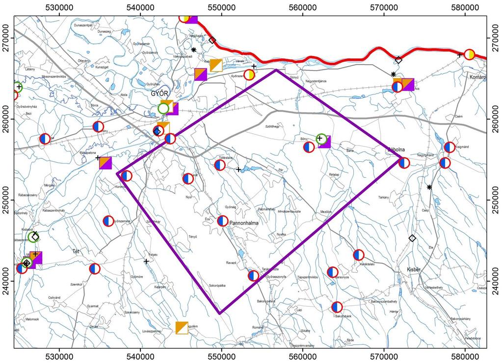Víztest azonosító Terület+ Győr geotermikus koncesszióra javasolt terület komplex érzékenységi és terhelhetőségi vizsgálati jelentés tervezete Víztest név Területre esik (db) 5 km-es környezetbe esik