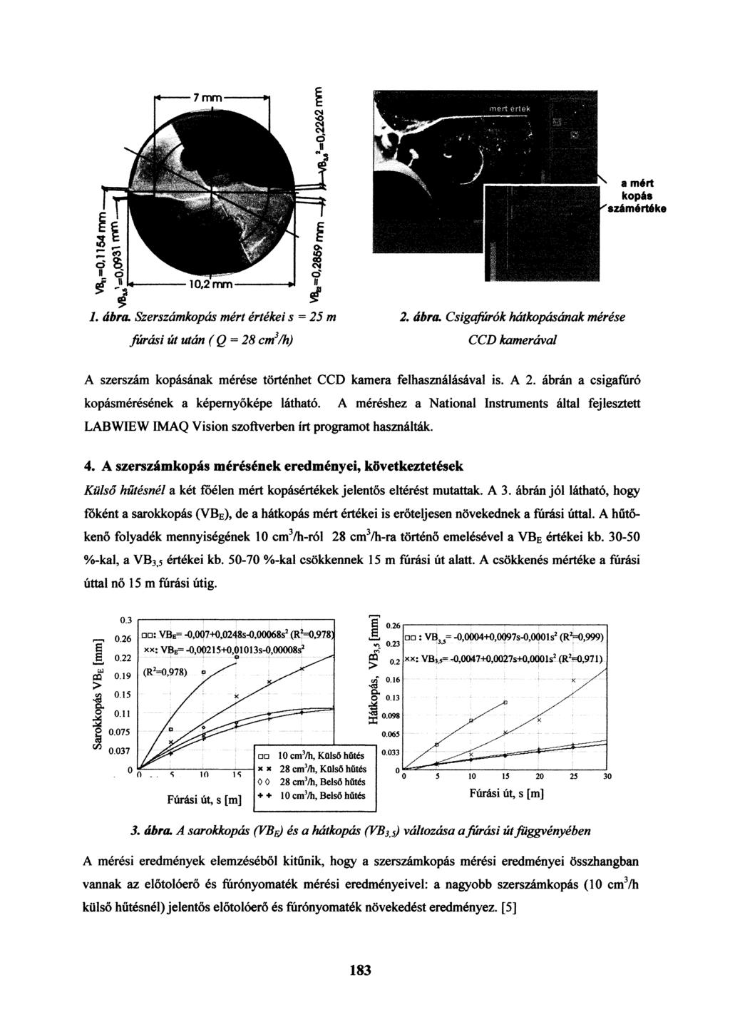 1. ábra. Szerszámkopás mért értékei s =25 m fúrási út után (Q = 28 cm 3 /h) 2. ábra. Csigafúrók hátkopásának mérése CCD kamerával A szerszám kopásának mérése történhet CCD kamera felhasználásával is.