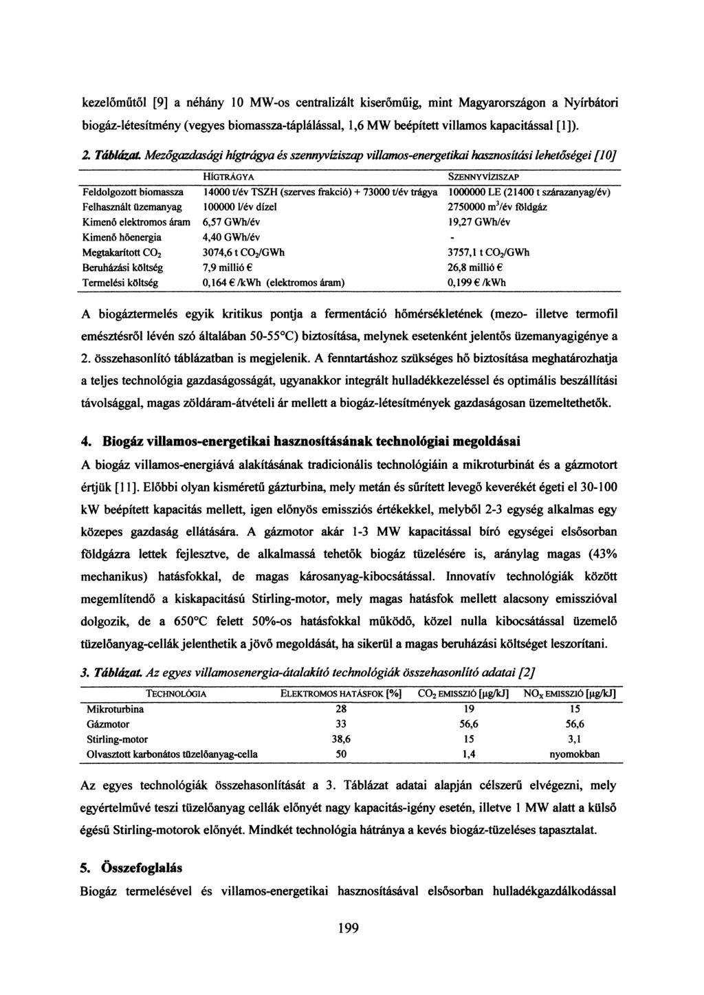 kezelőműtől [9] a néhány 10 W-os centralizált kiserőműig, mint agyarországon a Nyírbátori biogáz-létesítmény (vegyes biomassza-táplálással, 1,6 W beépített villamos kapacitással [1]). 2.