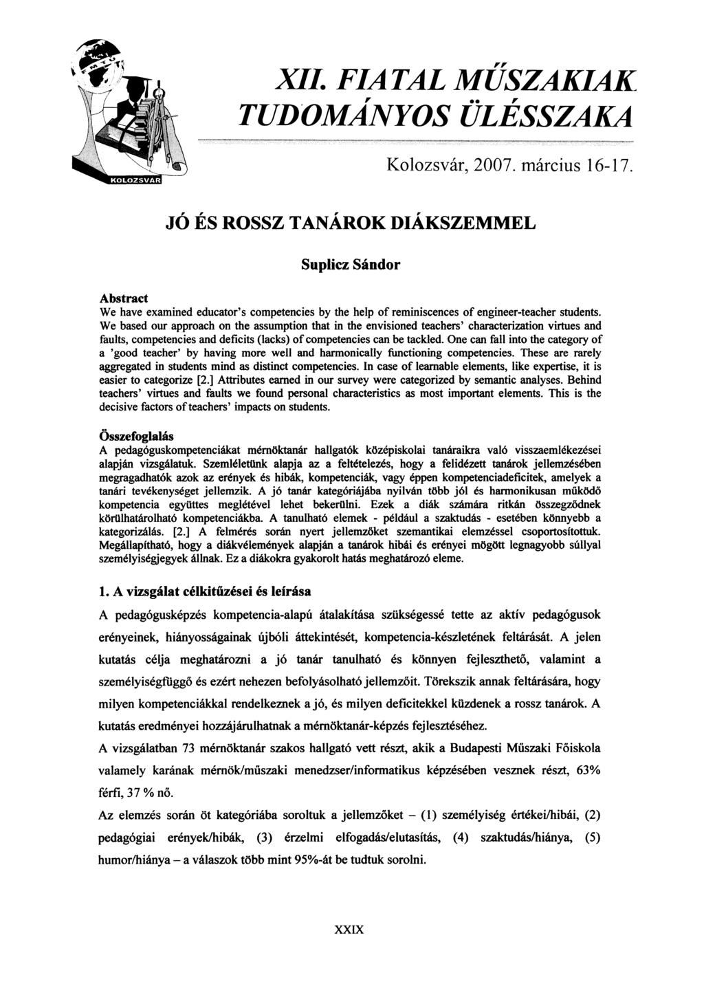 XII. FIATAL ŰSZAKIAK TUDOÁNYOS ÜLÉSSZAKA Kolozsvár, 2007. március 16-17.