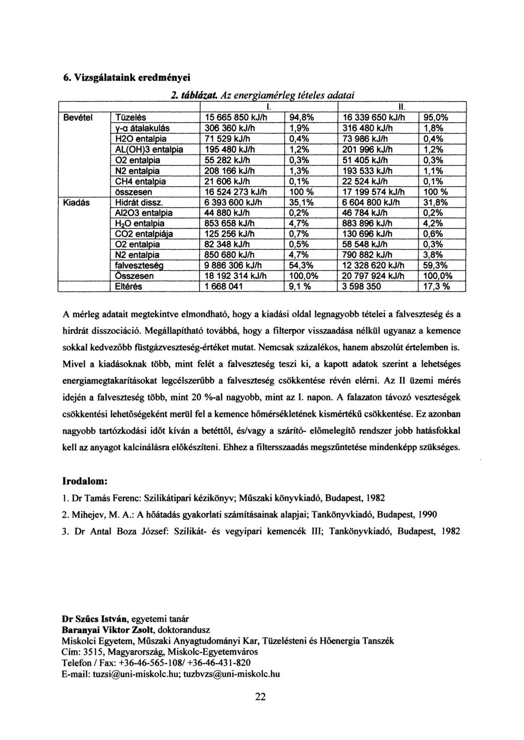 6. Vizsgálataink eredményei 2. táblázat Az energiamérleg tételes adatai 1. II.