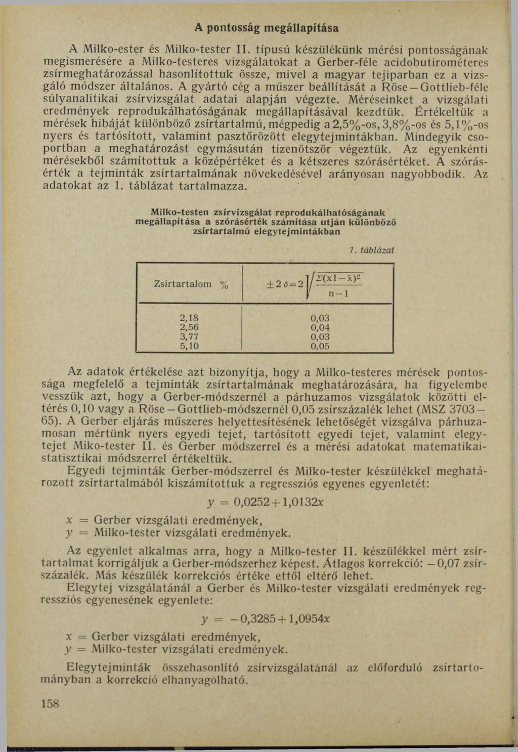 A pontosság megállapítása A Milko-ester és Milko-tester II.