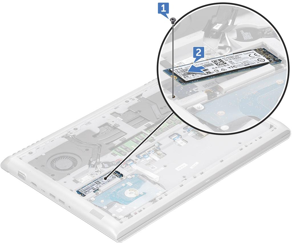 Az M.2 SSD meghajtó beszerelése 1 Helyezze az SSD meghajtót a számítógépben lévő csatlakozójába. 2 Húzza meg az M3x3L csavart, amely az SSD meghajtót a számítógéphez rögzíti.