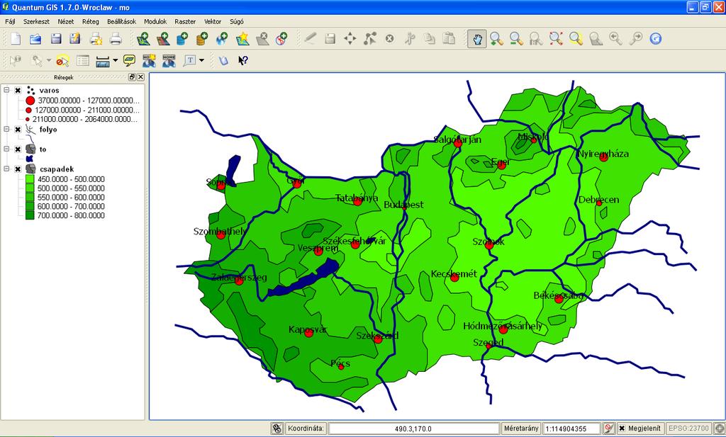 Ezzel az alábbi térképet készítettük el: További funkciók Az egyes rétegekhez attribútum táblák tartoznak. Az attribútum táblák megjelenítése a ikonnal történhet.