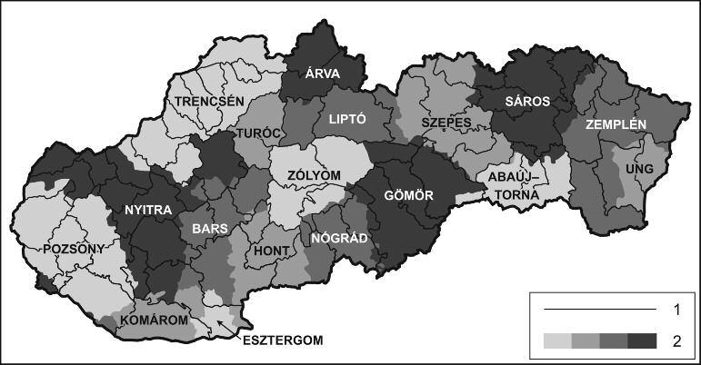 196 Hardi tamás mezei István 3.2.6 ábra: A történelmi magyarország vármegyéi szlovákia területén, a mai szlovák járási beosztással jelmagyarázat: 1. jelenlegi szlovák járáshatárok; 2.
