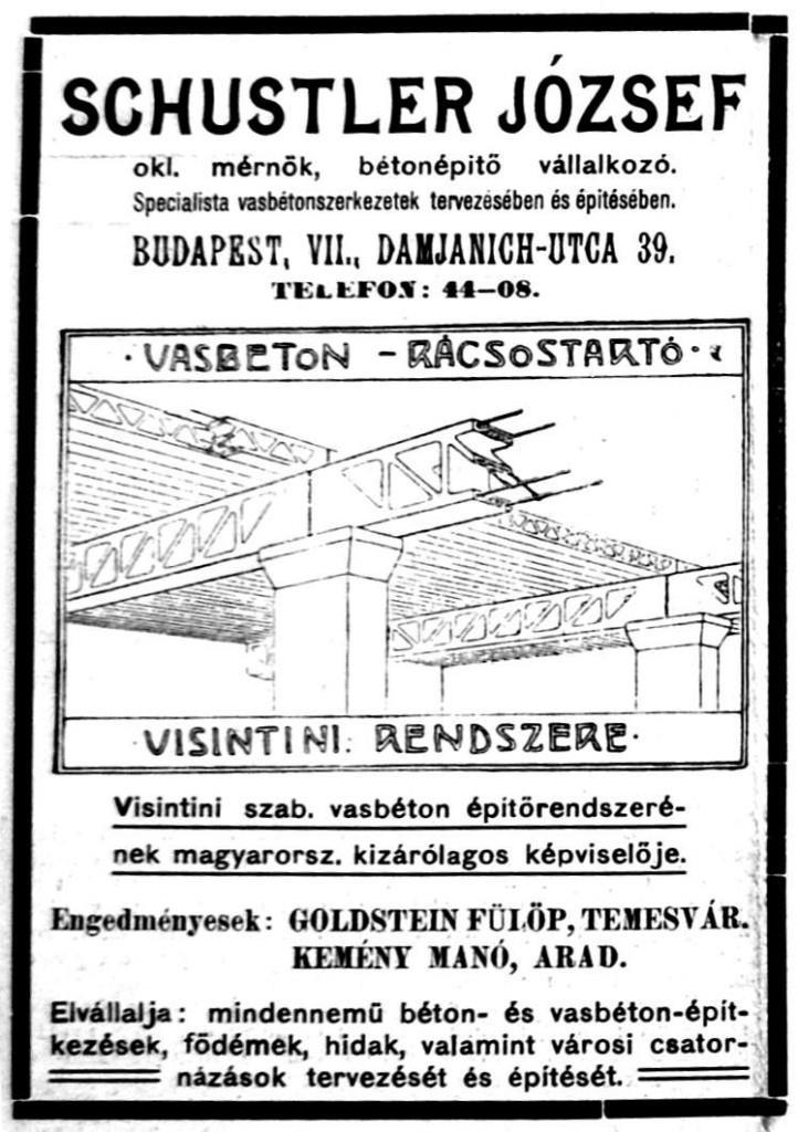 Nagyelemes vasbeton födémek Franz Visintini-féle rendszer 1900-as évektől